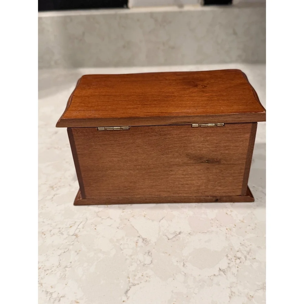 Small Wooden Jewelry Box with Drawer and Ring Inserts Warm Brown Finish Vintage